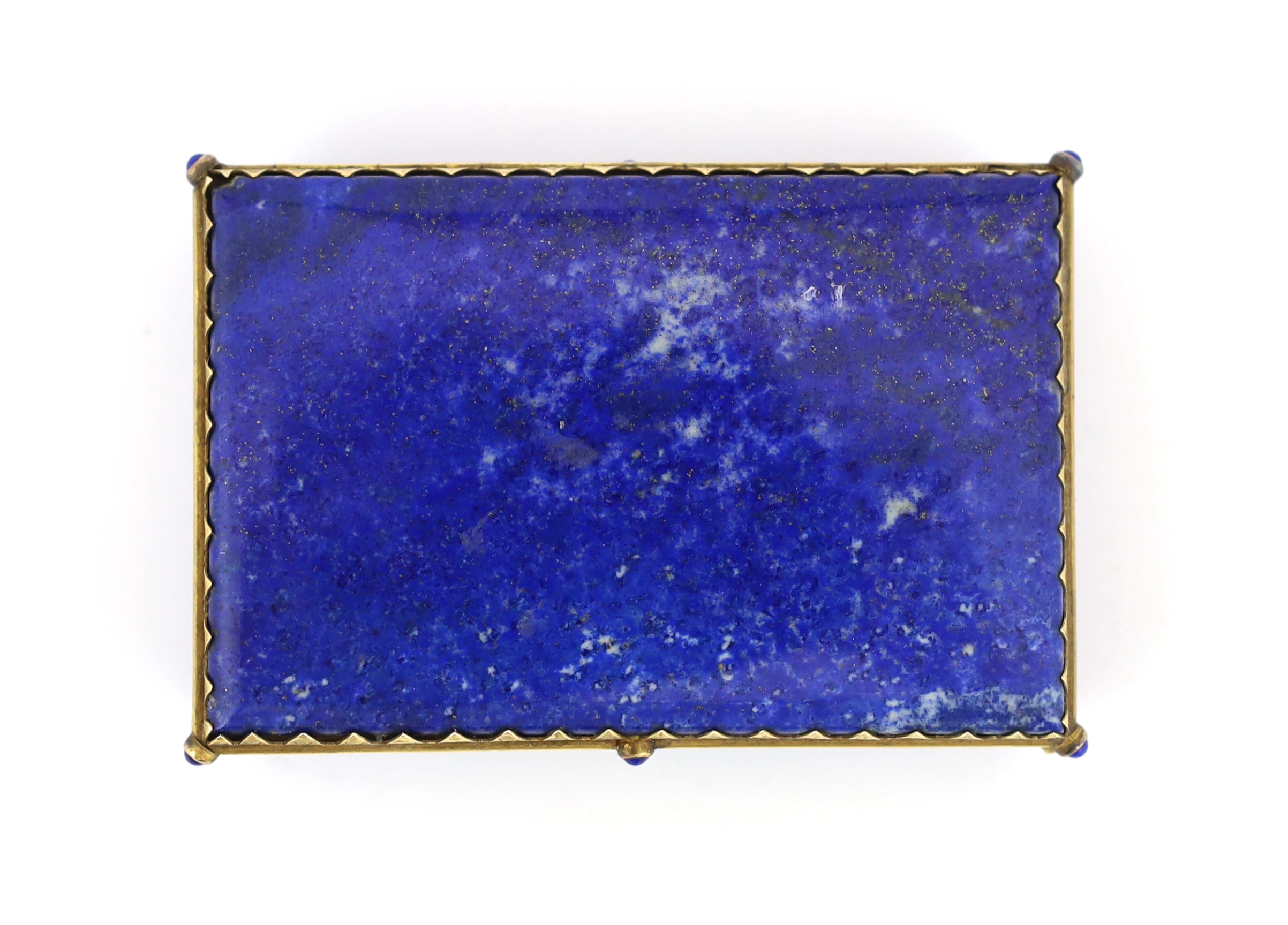 A Continental gilt metal mounted lapis lazuli snuff box, c.1900, 9cm wide, 6cm deep, 2.5cm high